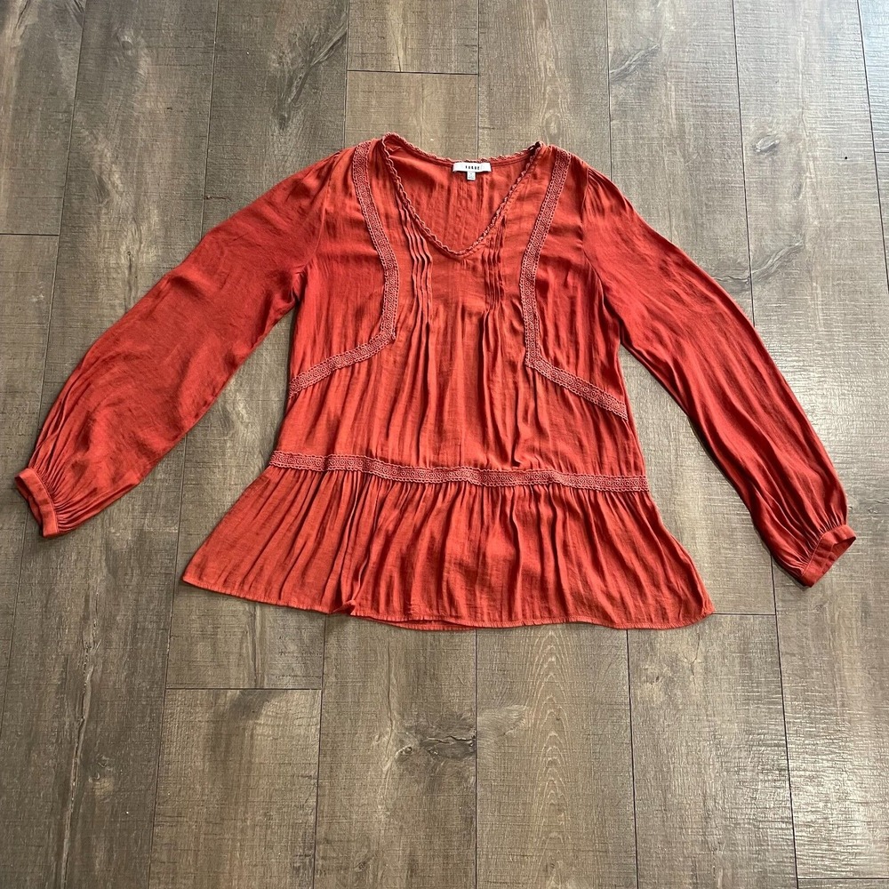 Anthropologie Ro & De Top Blouse Women M Red Boho Peasant Lace Pleat Cottagecore